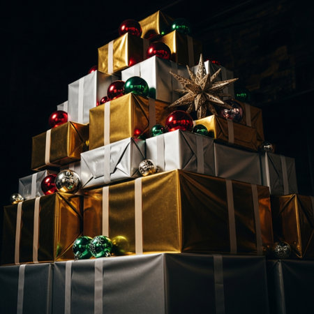 Christmas tree made of gift boxes and ornaments on black backgroundの素材