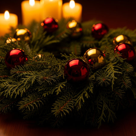 Christmas wreath with candles on wooden background. Shallow dof.の素材