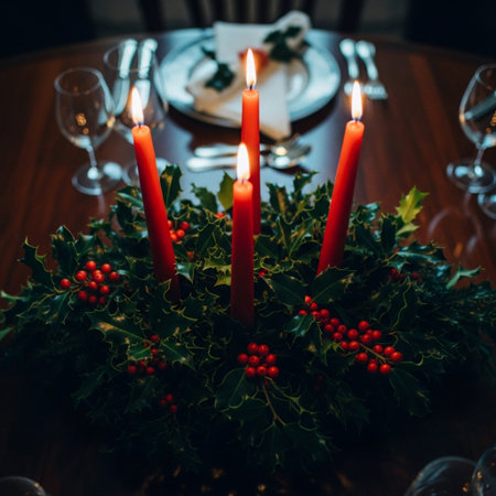 Christmas table setting with red candles and holly leaves, close upの素材