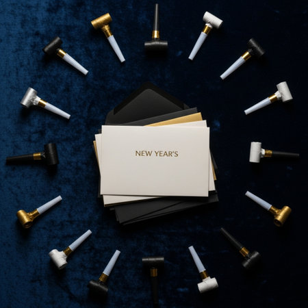 Top view of black and white stationery set on dark blue backgroundの素材