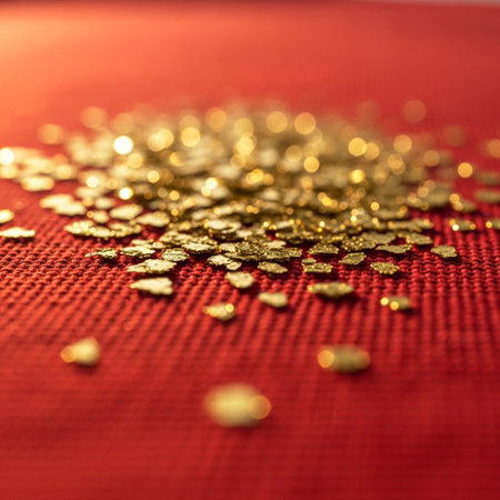 Golden hearts on a red background. Shallow depth of field.の素材