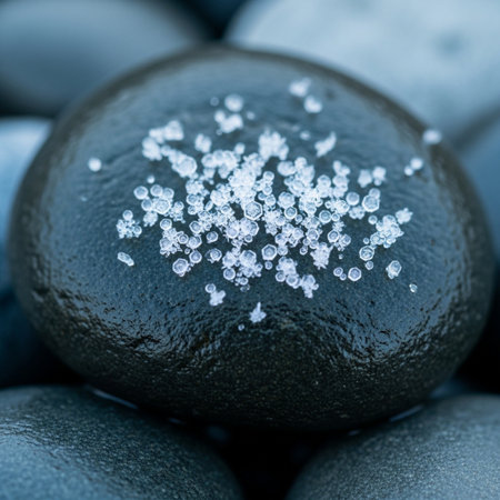Snow crystals on black pebbles. Shallow depth of field.の素材