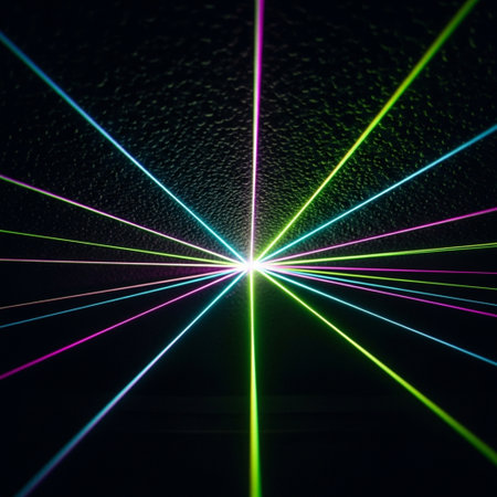 Colorful laser lines on a dark background. 3d rendering.の素材