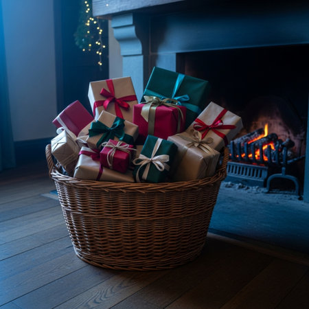 Wicker basket full of gifts in front of a fireplace at homeの素材