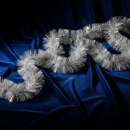 Silver Christmas garland on blue satin background with copy space.の素材