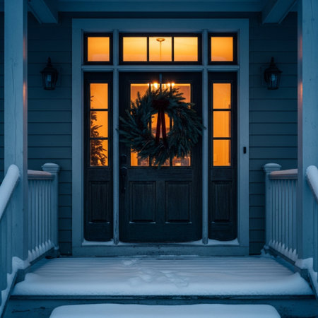 Wooden door with christmas wreath at night in winter.の素材