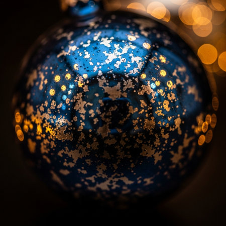 Blue christmas ball on dark background with bokeh lights.の素材