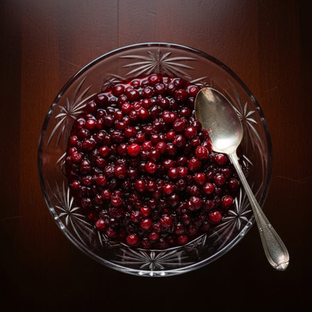 Cranberries in a glass bowl on a dark wooden background.の素材