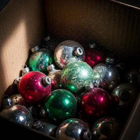 Christmas balls in a box. Christmas background. Selective focus. Toned.の素材