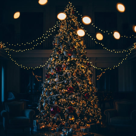 Beautiful Christmas tree with garlands on the background of the houseの素材