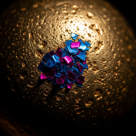 Close-up shot of a broken blue and pink glittering ball.の素材