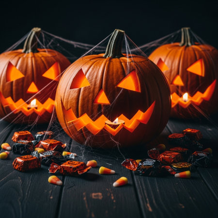 Halloween pumpkins with candies and candy on black wooden backgroundの素材