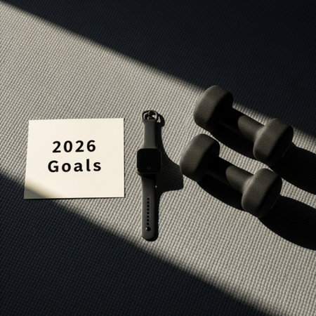 Fitness concept. Dumbbells, yoga mat and a card with the inscription 2019 goalsの素材