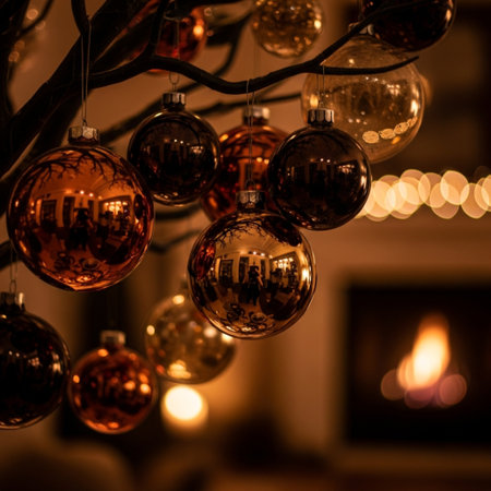 Christmas ornaments hanging on a tree in front of a fireplaceの素材