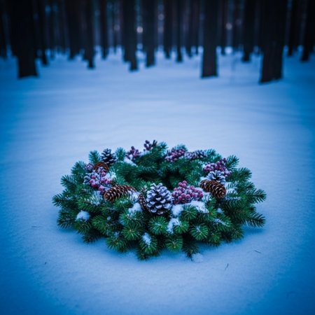 Christmas wreath with pine cones and snow in the winter forest.の素材