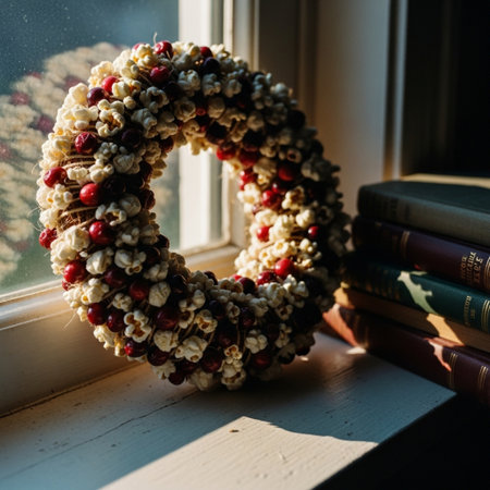 Christmas wreath on the windowsill with books in the background.の素材