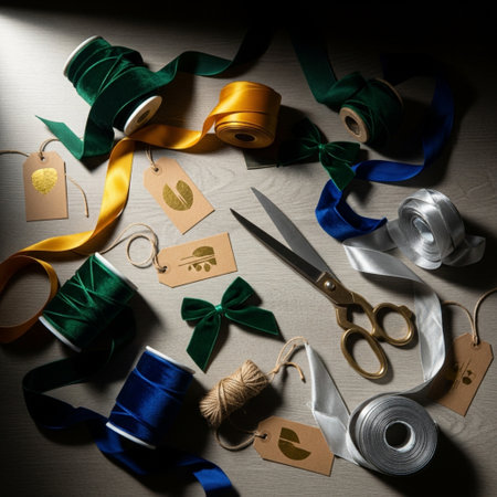 Colorful ribbons, scissors and labels on a wooden background.の素材