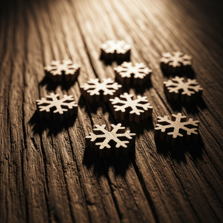 Wooden snowflakes on wooden background. Shallow depth of field. Toned.の素材