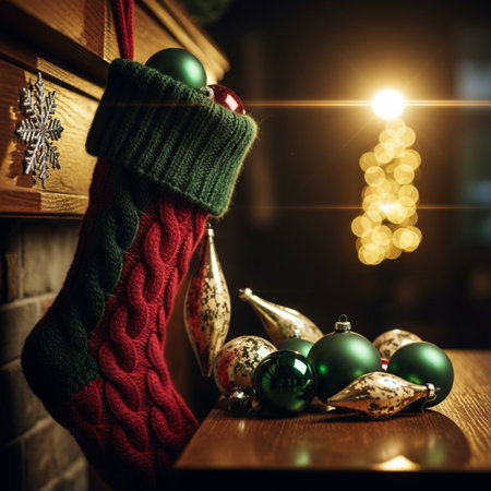 Christmas decoration with knitted socks on wooden table in front of fireplaceの素材