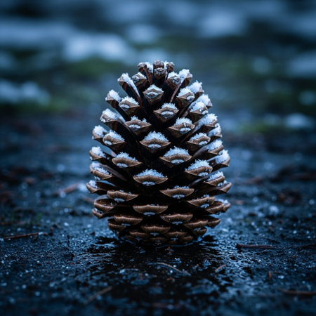 Pine cone covered with snow on a dark background with copy spaceの素材