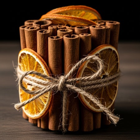 Cinnamon sticks tied with rope with dried orange slices on wooden backgroundの素材