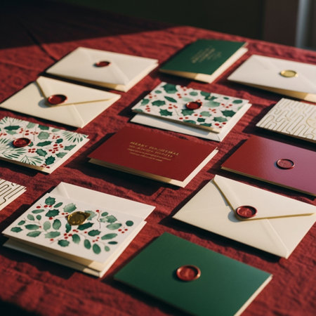 Wedding invitation cards in red, green and brown colors.の素材