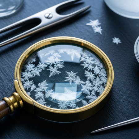 Vintage magnifying glass with snowflakes on a black backgroundの素材