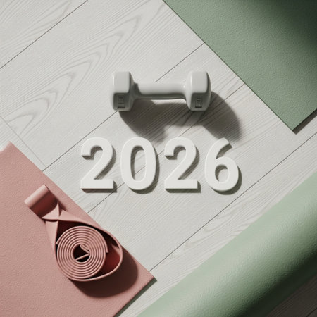 Fitness concept. Dumbbells, yoga mat and rubber band on wooden background.の素材