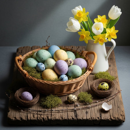 Easter eggs in a basket with daffodils on wooden backgroundの素材