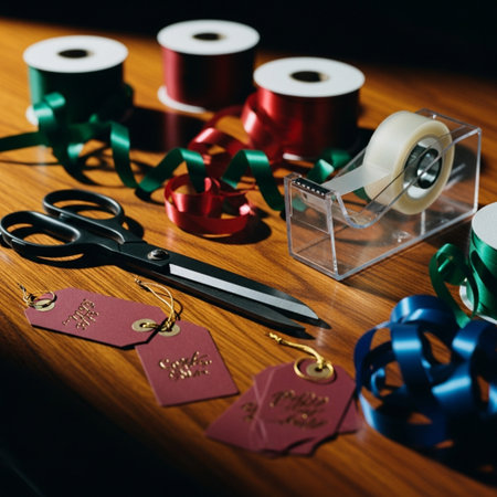Scissors, ribbons and gift tags on a wooden table.の素材