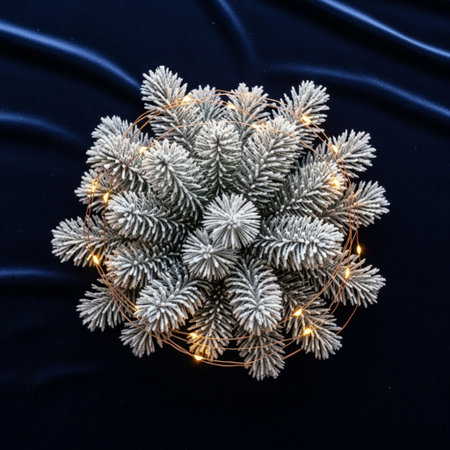 Christmas tree in the form of a Christmas wreath on a blue backgroundの素材