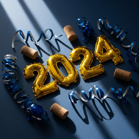 Happy New Year 2014. Golden foil balloons and ribbons on blue backgroundの素材