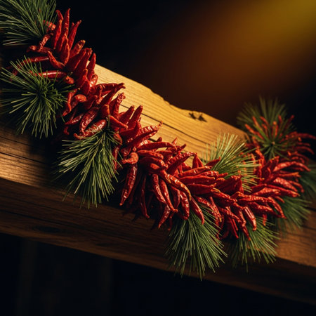 Christmas decoration with red hot chili peppers and pine branches on wooden backgroundの素材