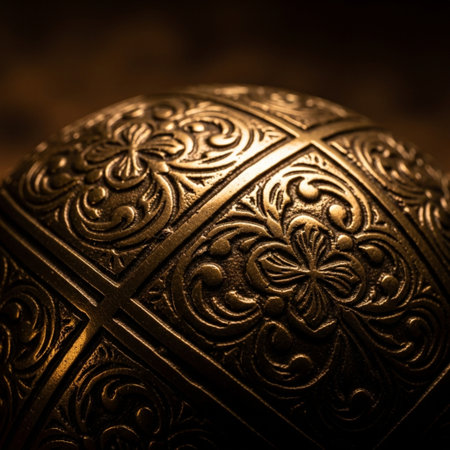 Close-up of a golden ornament on a wooden easter eggの素材