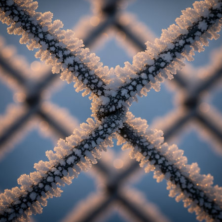 Frosty pattern on a metal lattice as a background.の素材