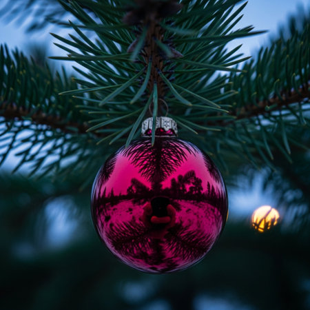 Christmas tree with a red glass ball on it. Christmas background.の素材