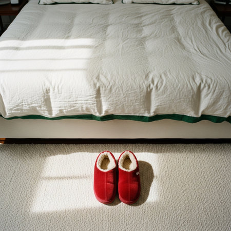 Red slippers on the bed in the morning light, vintage toneの素材