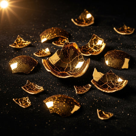 Broken golden christmas ornaments on a black background.の素材