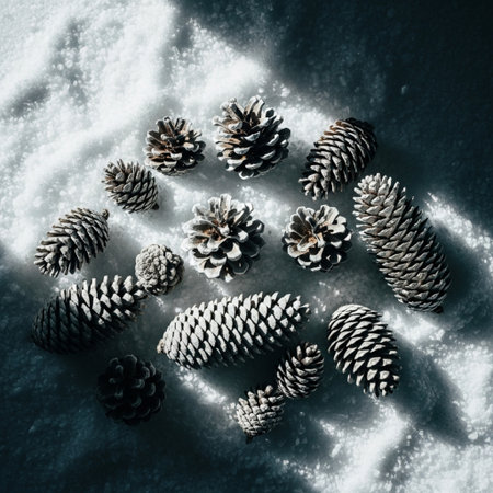 Pine cones on snow background. Christmas and New Year concept.の素材