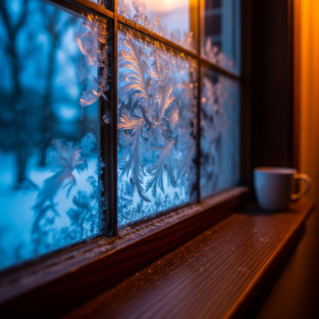 A cup of coffee on the windowsill in the winter at sunsetの素材