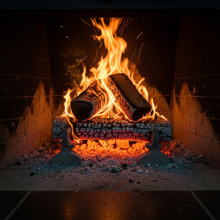 Fireplace in a country house. Firewood burning in a fireplace.の素材