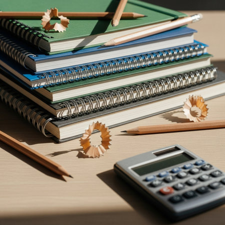 Pencils, notepads and calculator on the table.の素材