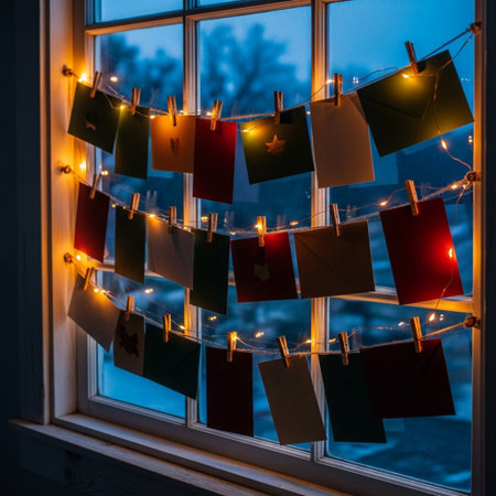 Christmas garland lights on the window. Merry Christmas and Happy New Yearの素材