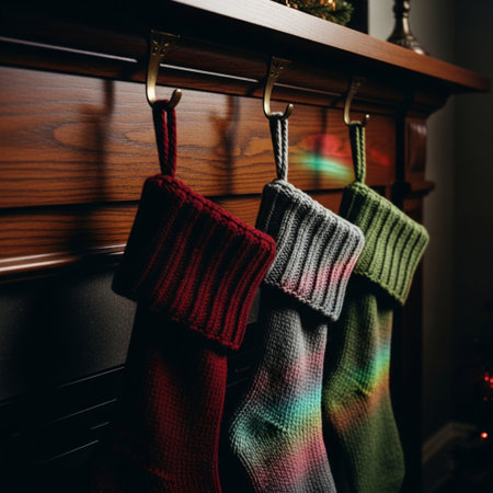 Knitted socks hanging on a shelf in a room decorated for Christmasの素材