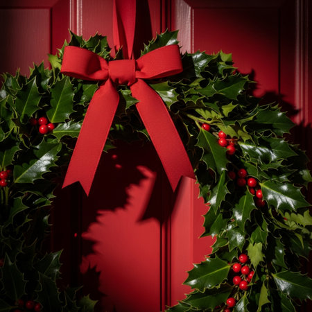 Christmas wreath with holly and red ribbon on a red doorの素材