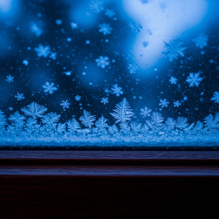 Frosty natural pattern on window glass at night. Winter backgroundの素材