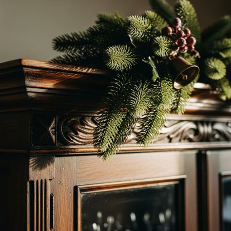 Christmas decorations on the mantelpiece in the interior of the roomの素材