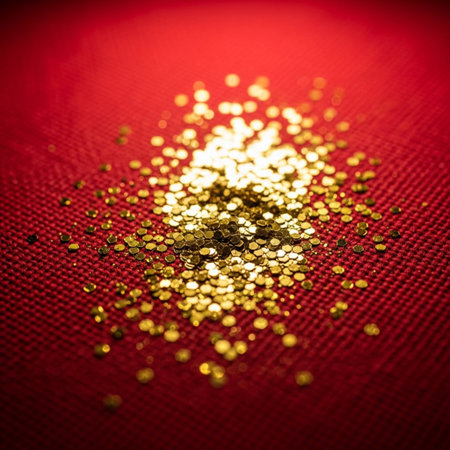 Golden glitter confetti on red fabric background. Shallow dof.の素材