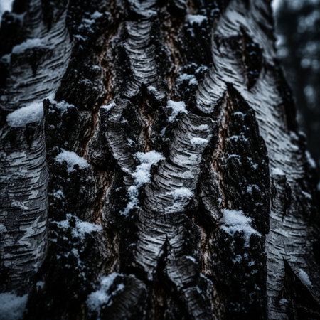The bark of a birch covered with snow in the winter forestの素材