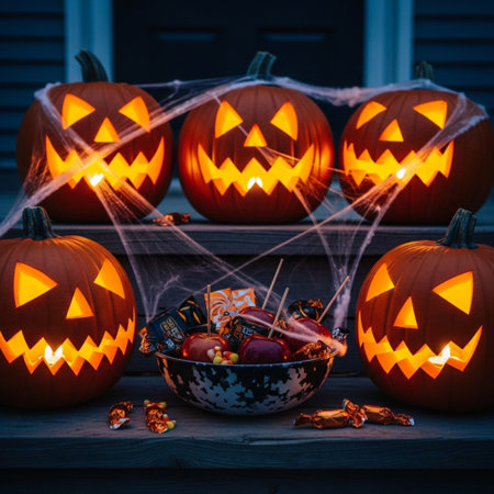 Halloween pumpkins with candies and spider web on wooden backgroundの素材